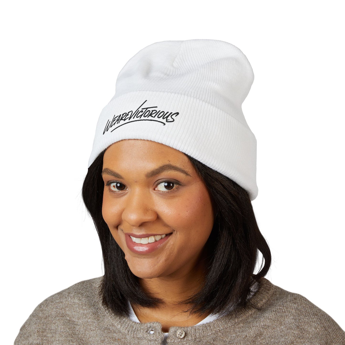 We Are Victorious Embroidered Cuffed Beanie — Script Logo Knit Hat