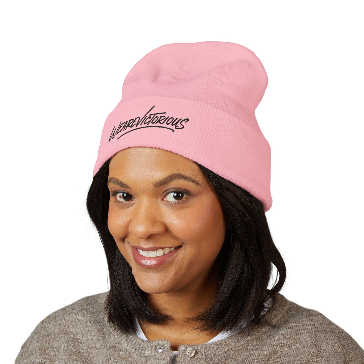 We Are Victorious Embroidered Cuffed Beanie — Script Logo Knit Hat