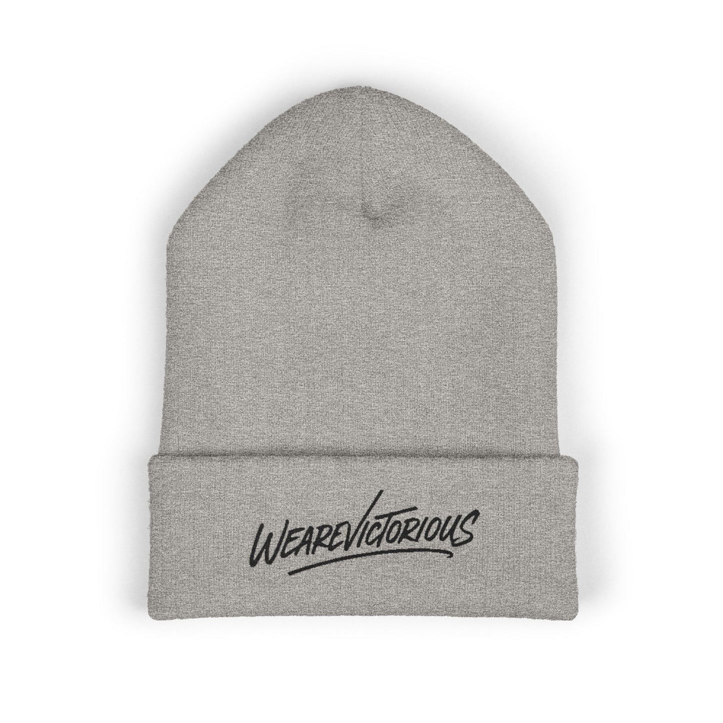 We Are Victorious Embroidered Cuffed Beanie — Script Logo Knit Hat