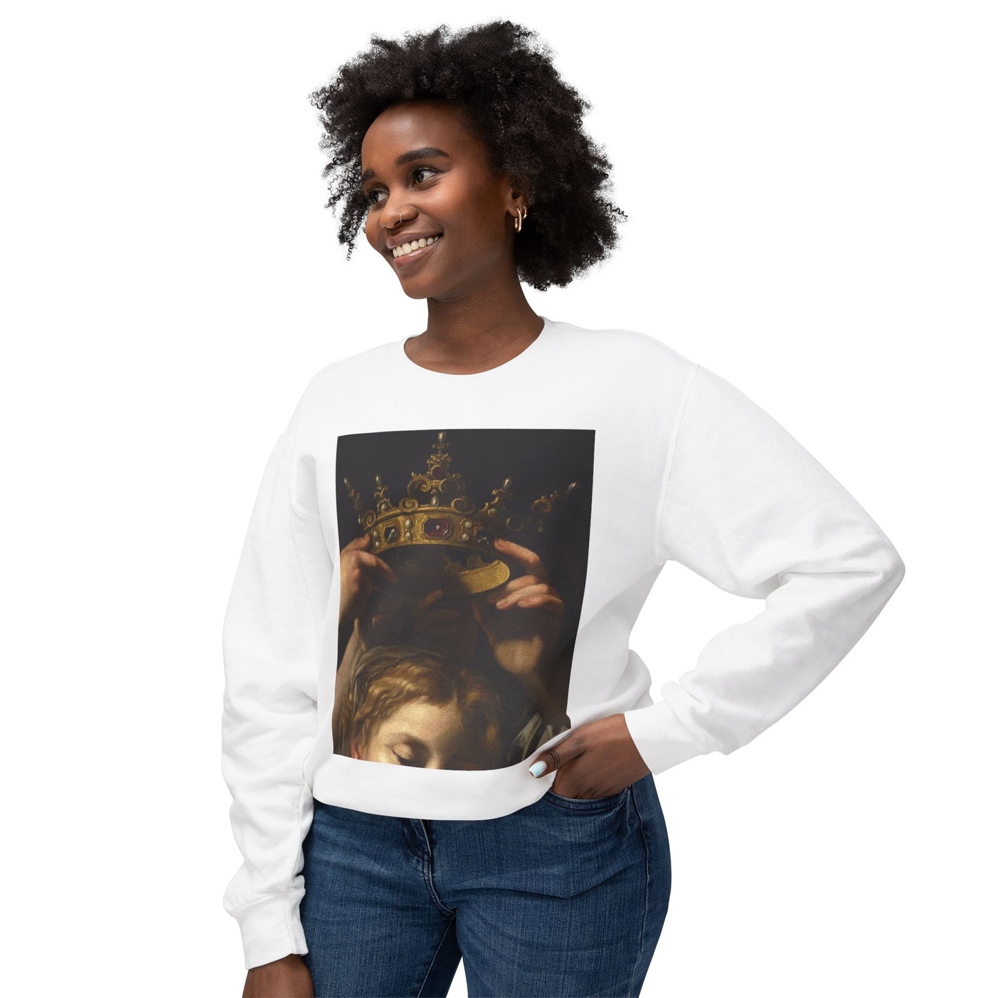 Crowned Madonna Crewneck Sweatshirt — Vintage Religious Art Print