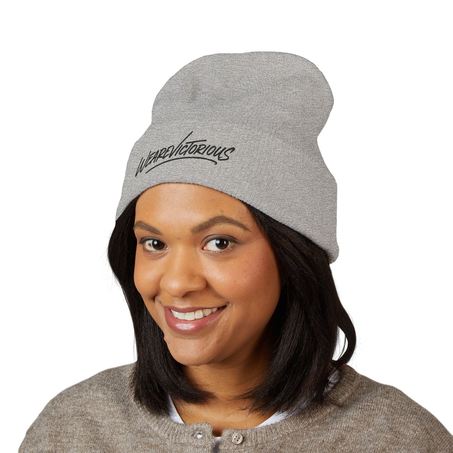 We Are Victorious Embroidered Cuffed Beanie — Script Logo Knit Hat