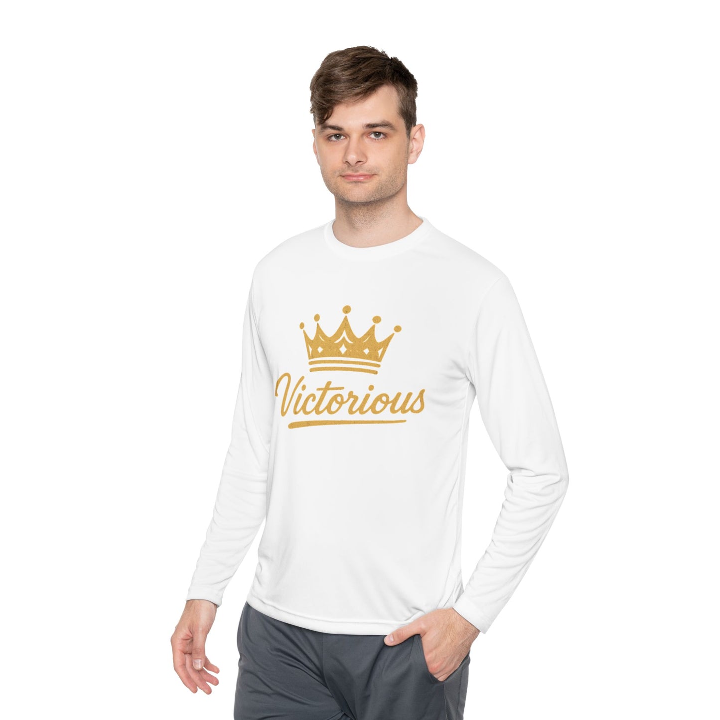Victorious Crown Long Sleeve Tee — Inspirational Gold Crown Graphic