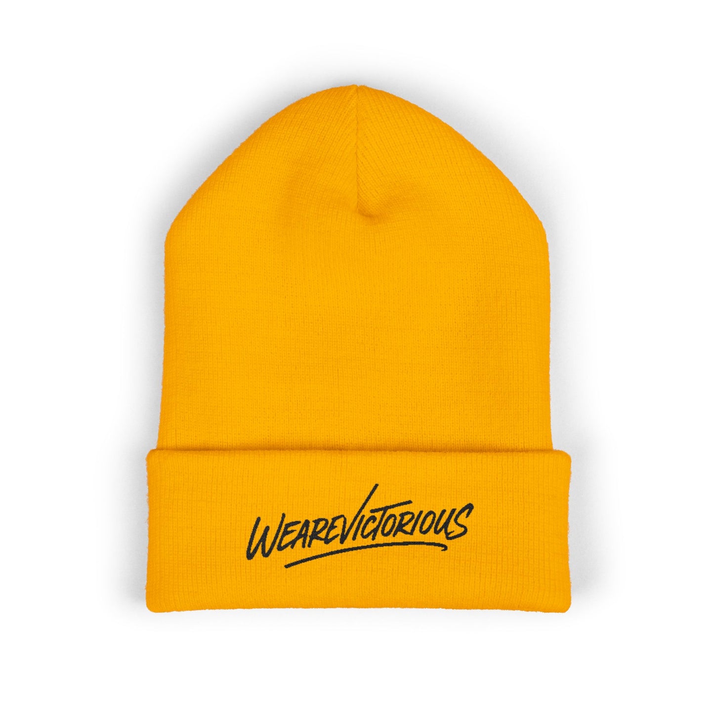 We Are Victorious Embroidered Cuffed Beanie — Script Logo Knit Hat