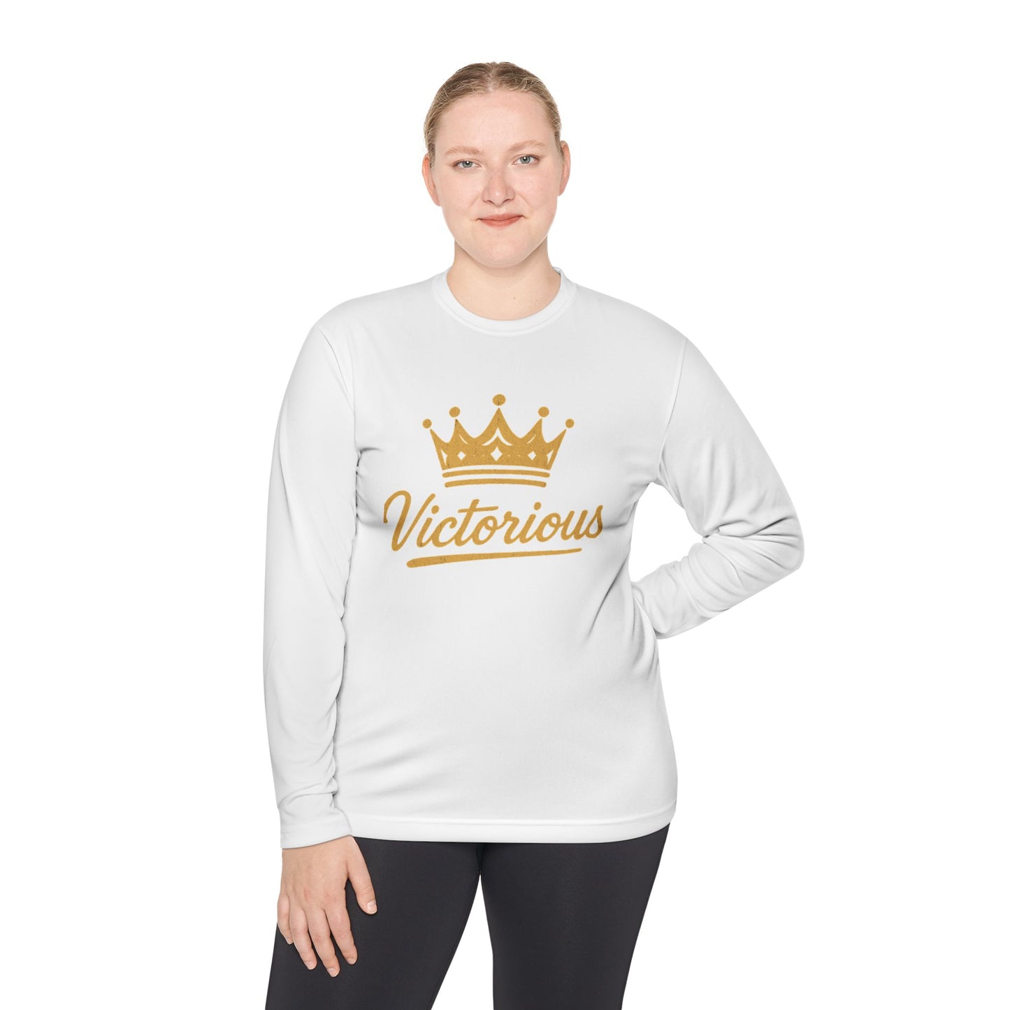 Victorious Crown Long Sleeve Tee — Inspirational Gold Crown Graphic