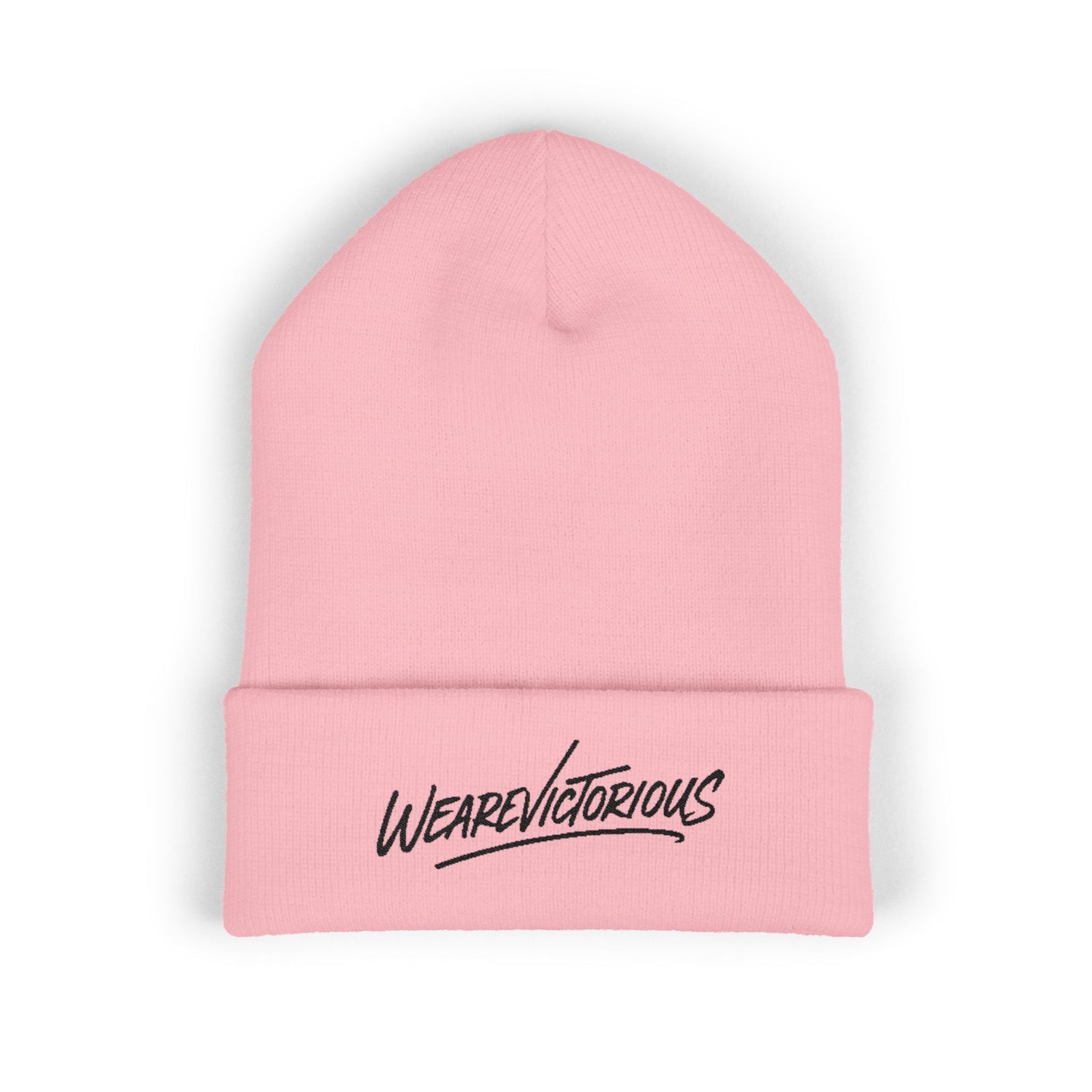 We Are Victorious Embroidered Cuffed Beanie — Script Logo Knit Hat