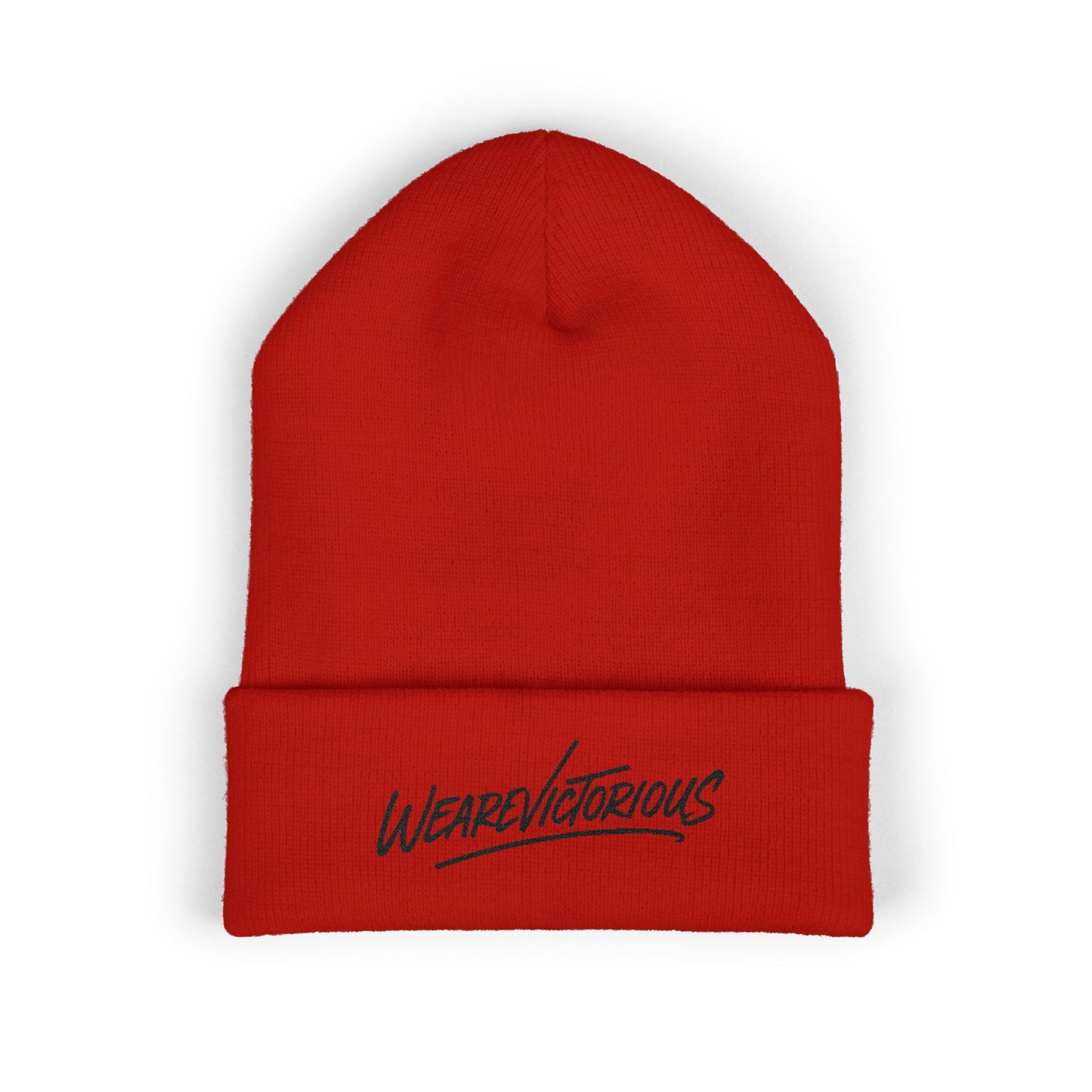 We Are Victorious Embroidered Cuffed Beanie — Script Logo Knit Hat