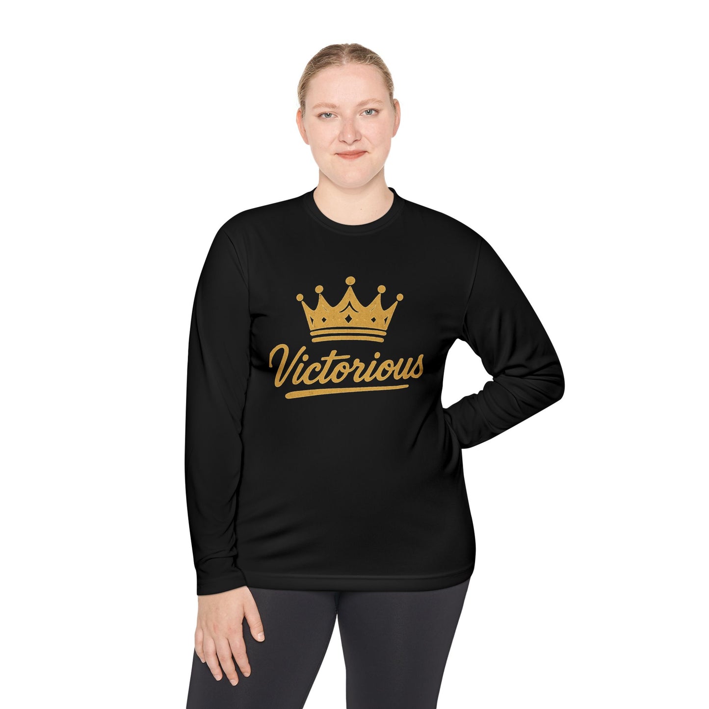 Victorious Crown Long Sleeve Tee — Inspirational Gold Crown Graphic