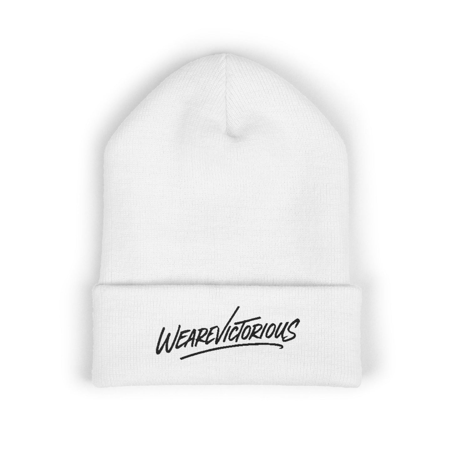 We Are Victorious Embroidered Cuffed Beanie — Script Logo Knit Hat