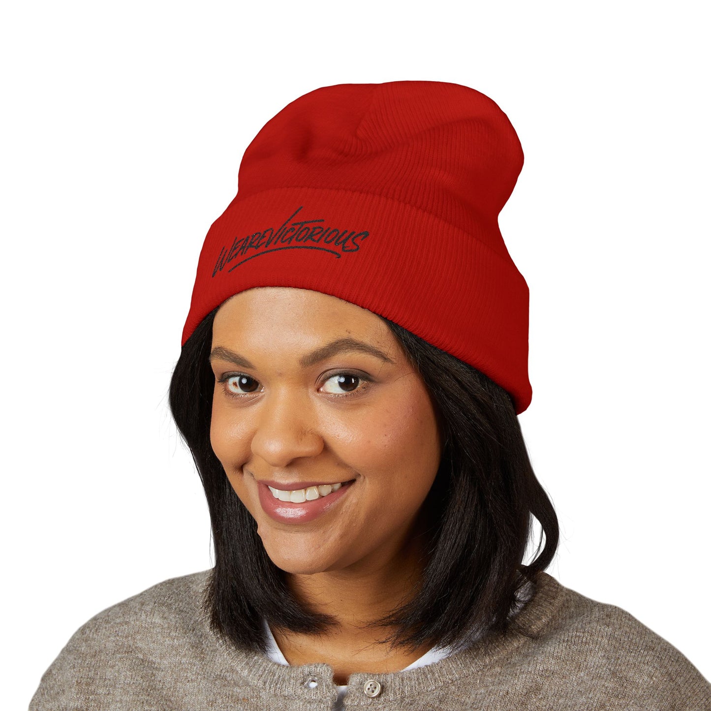 We Are Victorious Embroidered Cuffed Beanie — Script Logo Knit Hat