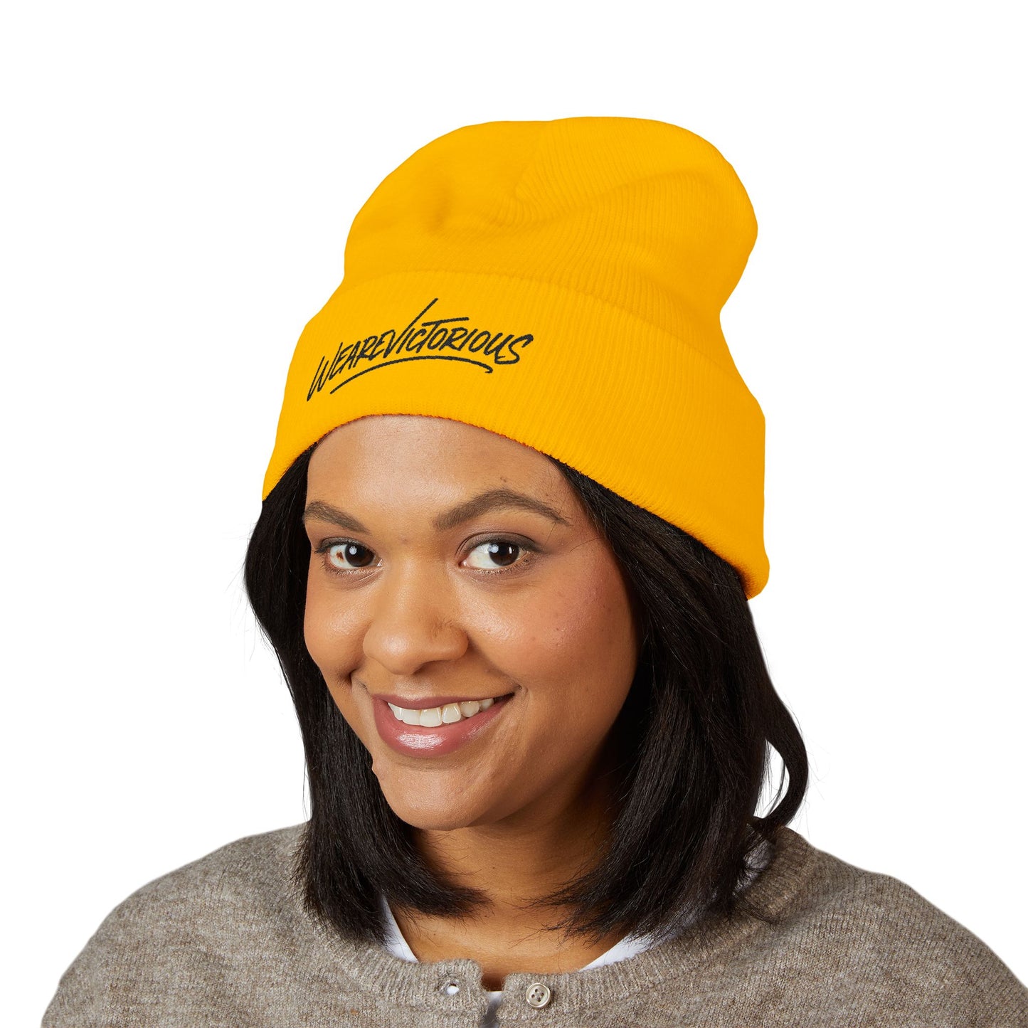We Are Victorious Embroidered Cuffed Beanie — Script Logo Knit Hat