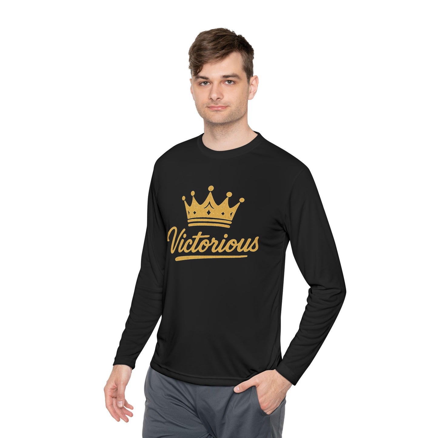 Victorious Crown Long Sleeve Tee — Inspirational Gold Crown Graphic