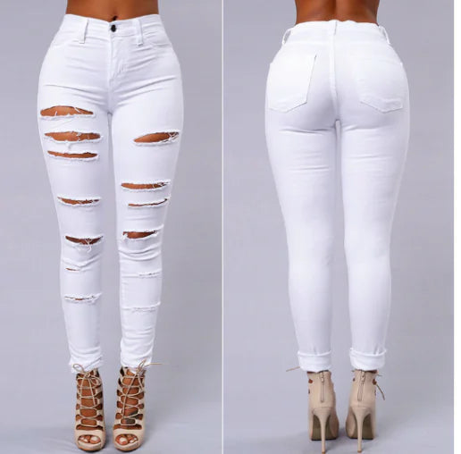 White Ripped Skinny Jeans - Slim Fit High Waist Denim